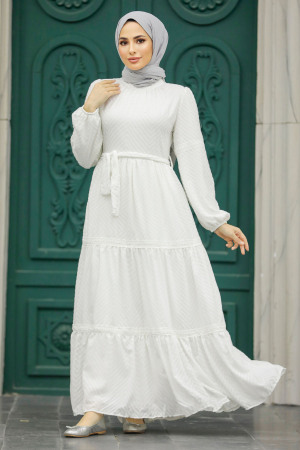 Neva Style - White Hijab Dress 1384B - Thumbnail