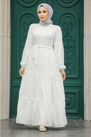 Neva Style - White Hijab Dress 1384B - Thumbnail