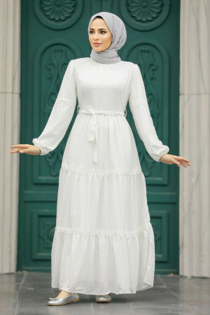 Neva Style - White Hijab Dress 1384B - Thumbnail