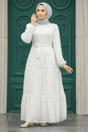 Neva Style - White Hijab Dress 1384B - Thumbnail