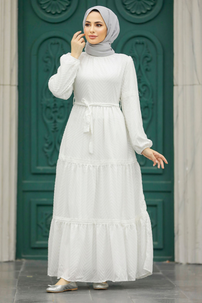 White Hijab Dress 1384B - 8