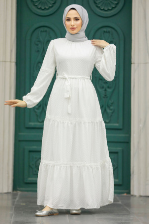 Neva Style - White Hijab Dress 1384B - Thumbnail