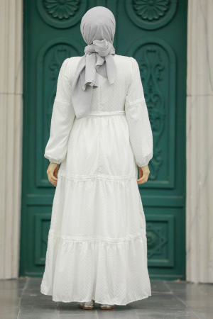 Neva Style - White Hijab Dress 1384B - Thumbnail