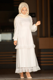 Tüllü Beyaz Tesettür Elbise 3168B - Thumbnail