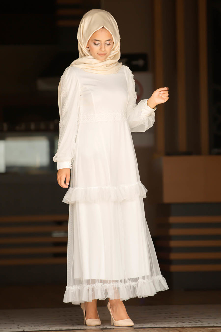 Tüllü Beyaz Tesettür Elbise 3168B