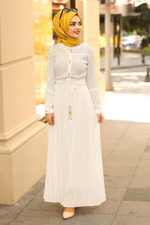 Belden Bağcıklı Beyaz Tesettür Elbise 31751B - 1