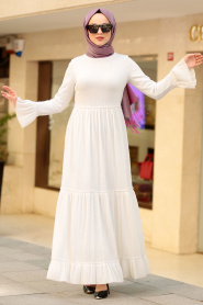 Volan Kol Beyaz Tesettür Elbise 41310B - Thumbnail