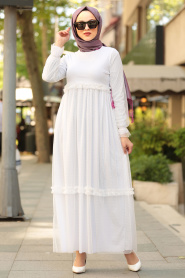 Tüllü Beyaz Tesettür Elbise 41520B - Thumbnail