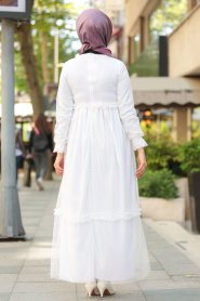 Tüllü Beyaz Tesettür Elbise 41520B - Thumbnail
