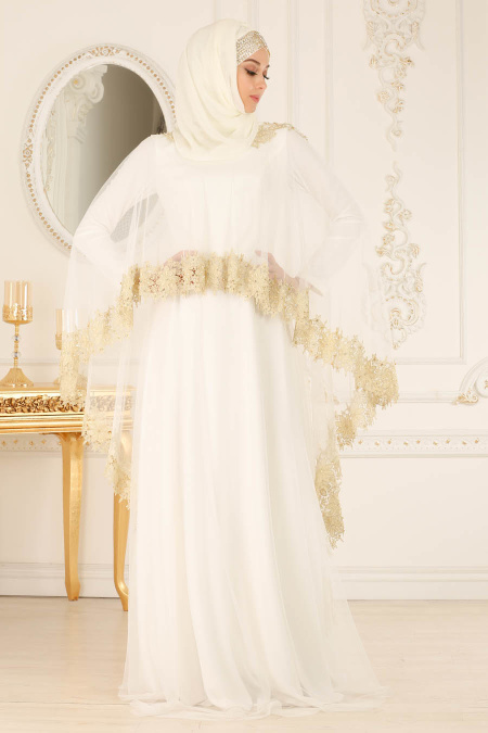 Dantel Detaylı Beyaz Tesettür Abiye Elbise 2012B