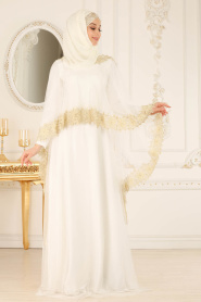 Dantel Detaylı Beyaz Tesettür Abiye Elbise 2012B - Thumbnail