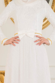 Kemerli Beyaz Tesettür Abiye Elbise 40370B - Thumbnail