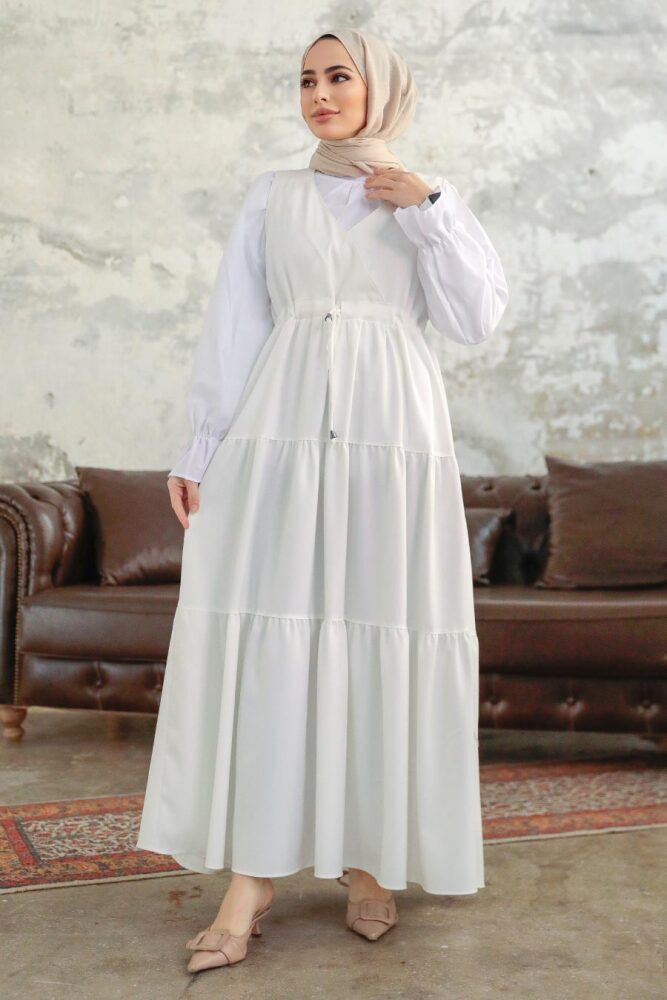 White Hijab Gilet Dress 577B - 2