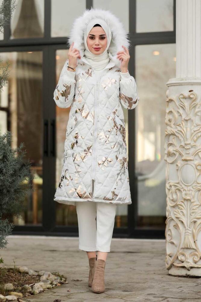 Neva Style - White Hijab İnflatable Coat 9060B - 1