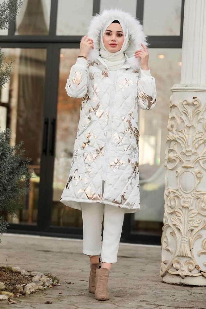 Neva Style - White Hijab İnflatable Coat 9060B - 2