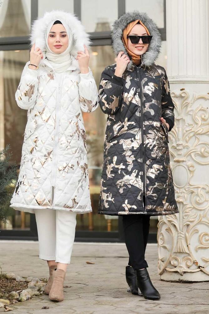 Neva Style - White Hijab İnflatable Coat 9060B - 3