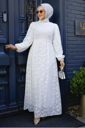 Neva Style - White Hijab Maxi Dress 1388B - Thumbnail