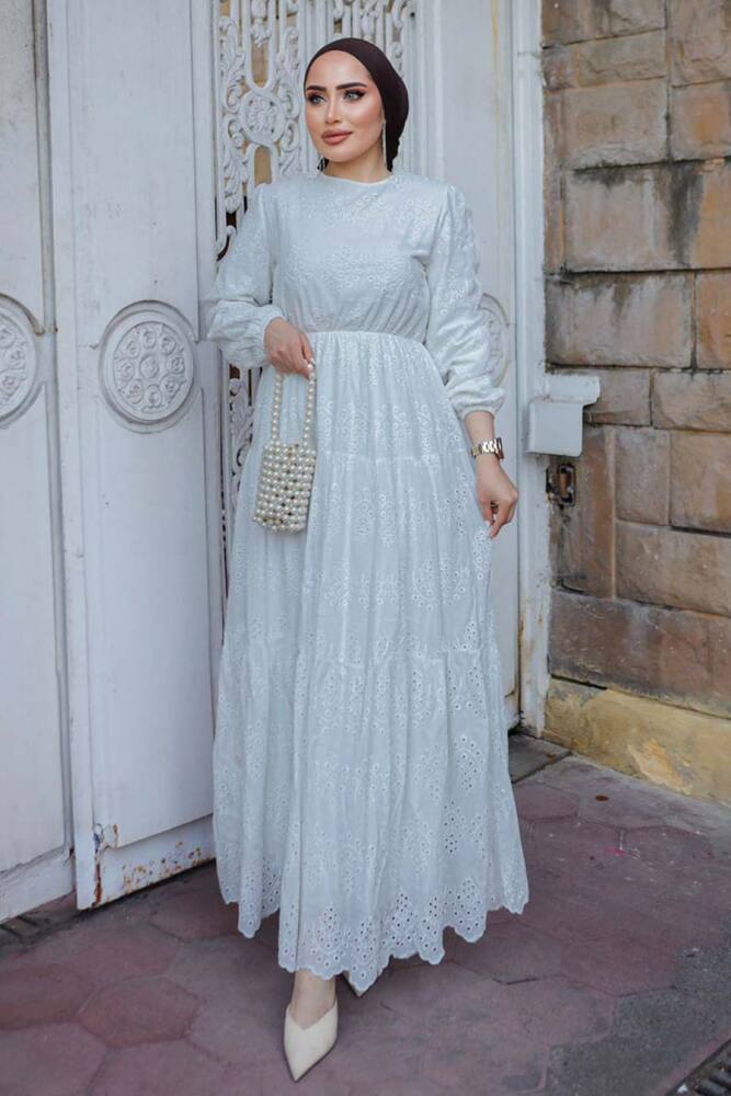 White Long Muslim Dress 13750B - 1