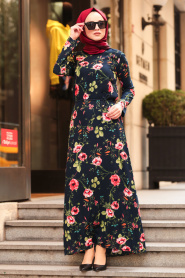 Neva Style - Yaban Gülü Desenli Lacivert Tesettürlü Elbise 53540L - Thumbnail