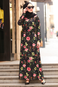 Neva Style - Yaban Gülü Desenli Siyah Tesettürlü Elbise 53540S - Thumbnail