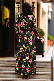 Neva Style - Yaban Gülü Desenli Siyah Tesettürlü Elbise 53540S - Thumbnail