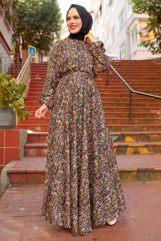 Neva Style - Yağ Yeşili Tesettür Elbise 2216YY - 1