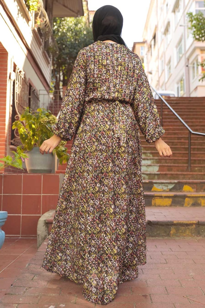 Neva Style - Yağ Yeşili Tesettür Elbise 2216YY - 2