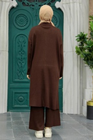 Neva Style - Yakalı Kahverengi Tesettür Triko İkili Takım 34181KH - Thumbnail