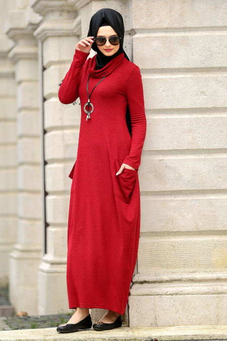 Neva Style - Yakalı Kırmızı Tesettür Elbise 3106K