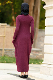 Neva Style - Yakalı Mürdüm Tesettür Elbise 3106MU - Thumbnail