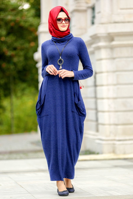 Neva Style - Yakalı Petrol Mavisi Tesettür Elbise 3106PM