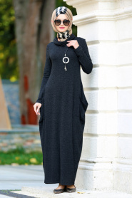 Neva Style - Yakalı Siyah Tesettür Elbise 3106S - Thumbnail