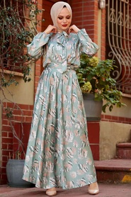 Neva Style - Yakası Bağcıklı Çağla Yeşili Tesettür Elbise 2378CY - Thumbnail