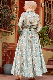 Neva Style - Yakası Bağcıklı Çağla Yeşili Tesettür Elbise 2378CY - Thumbnail