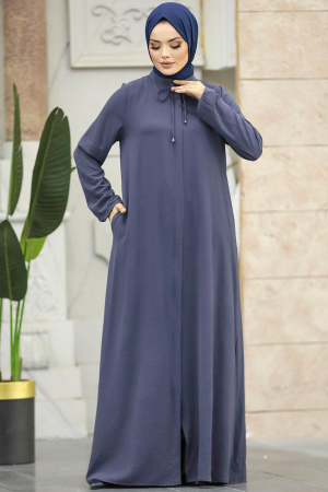 Neva Style - Yakası Bağcıklı Füme Tesettür Ferace 10556FU - 3