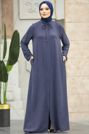 Neva Style - Yakası Bağcıklı Füme Tesettür Ferace 10556FU - 1