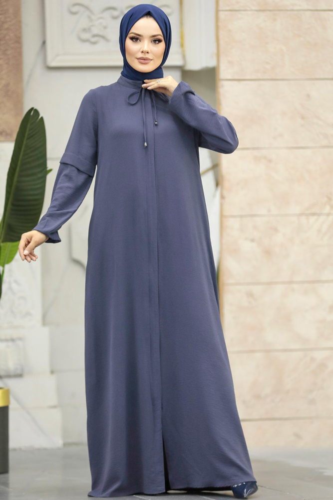 Neva Style - Yakası Bağcıklı Füme Tesettür Ferace 10556FU - 2