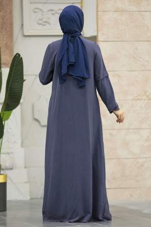 Neva Style - Yakası Bağcıklı Füme Tesettür Ferace 10556FU - 4