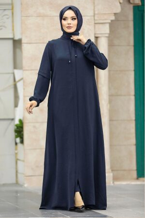 Neva Style - Yakası Bağcıklı Lacivert Tesettür Ferace 10556L - 1