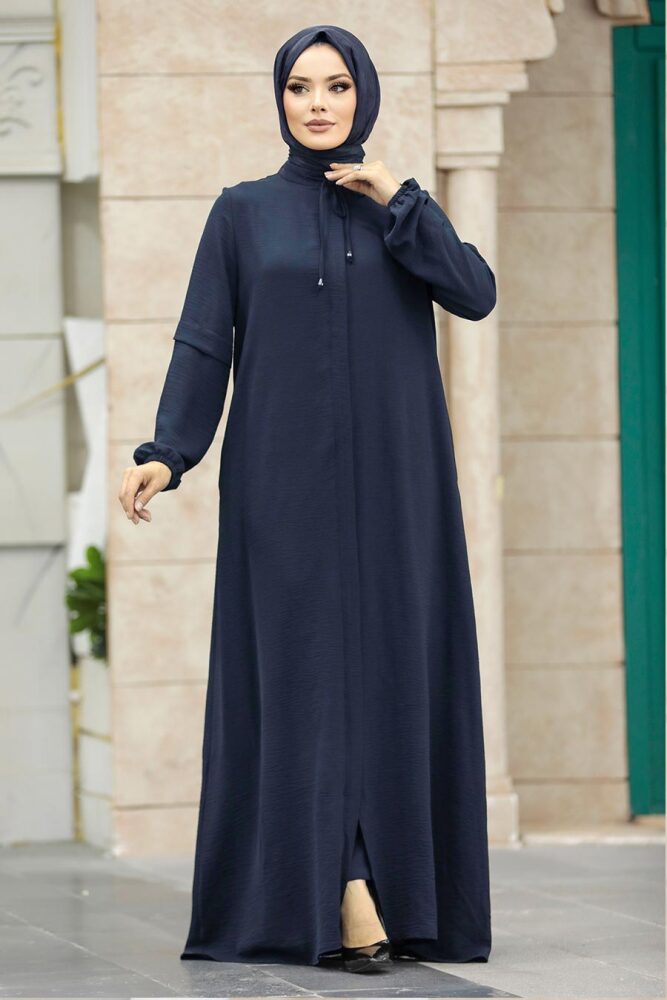 Neva Style - Yakası Bağcıklı Lacivert Tesettür Ferace 10556L - 1