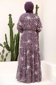 Neva Style - Yakası Bağcıklı Mor Tesettür Elbise 2327MOR - Thumbnail