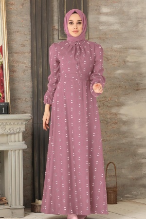 Neva Style - Yakası Bağlamalı Gül Kurusu Tesettür Elbise 2721GK - 1