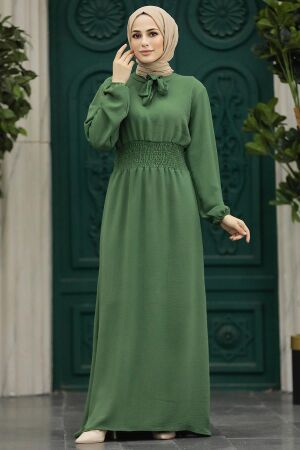 Neva Style - Yakası Bağlamalı Haki Tesettür Elbise 5973HK - 2