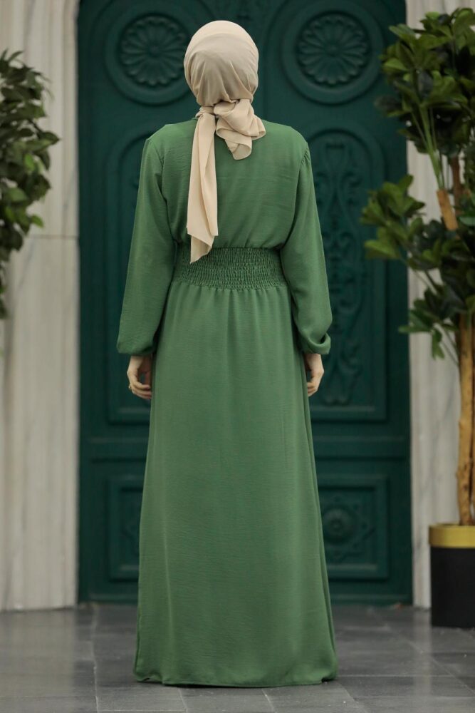 Neva Style - Yakası Bağlamalı Haki Tesettür Elbise 5973HK - 3