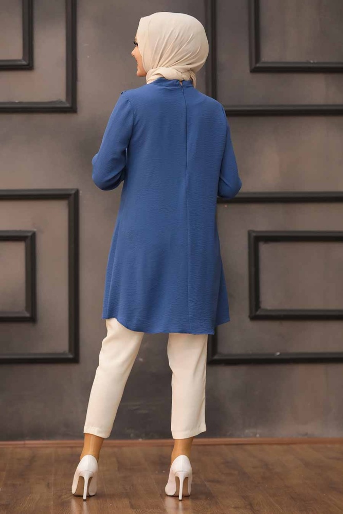 Neva Style - Yakası Bağlamalı İndigo Mavisi Tesettür Tunik 512IM - 2