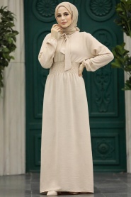 Neva Style - Yakası Bağlamalı Krem Tesettür Elbise 5973KR - Thumbnail