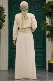 Neva Style - Yakası Bağlamalı Krem Tesettür Elbise 5973KR - Thumbnail