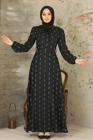 Neva Style - Yakası Bağlamalı Siyah Tesettür Elbise 2721S - Thumbnail