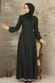Neva Style - Yakası Bağlamalı Siyah Tesettür Elbise 2721S - Thumbnail