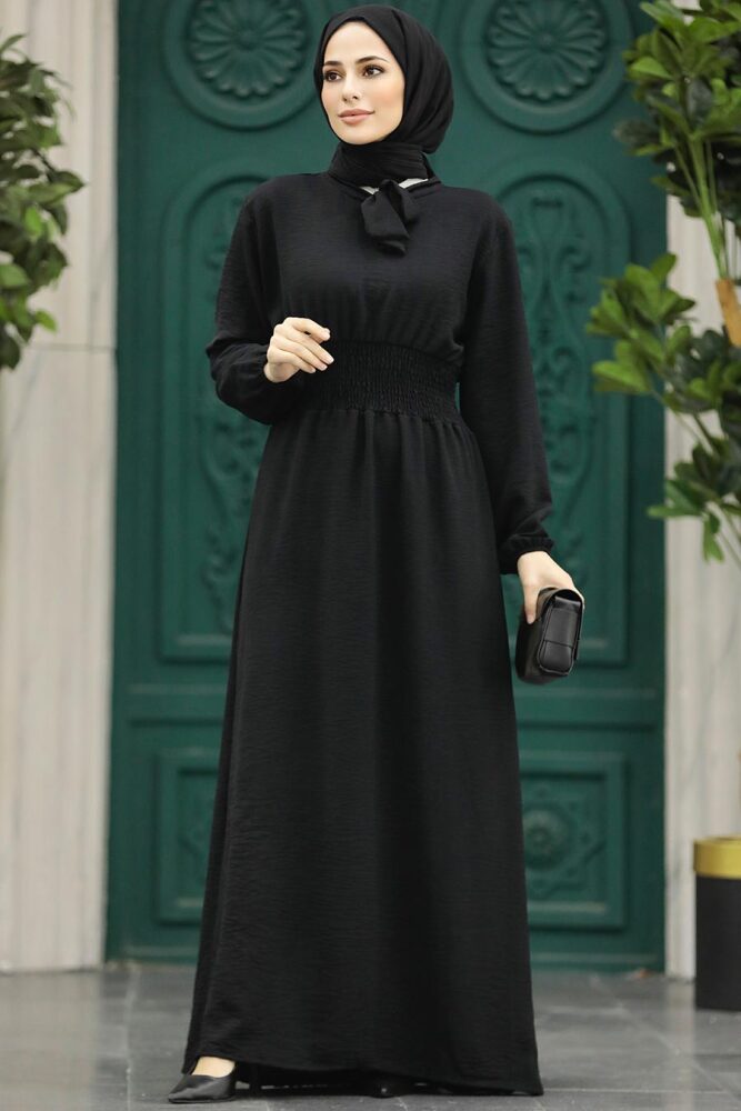Neva Style - Yakası Bağlamalı Siyah Tesettür Elbise 5973S - 1